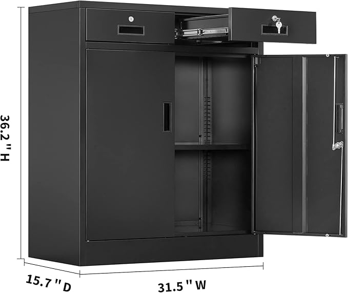 Wanfu Metal Storage Cabinet, 36" H Locking Storage Cabinet with 2 Drawers and Adjustable Shelf, Metal Cabinets for Office, Garage, Home-Black