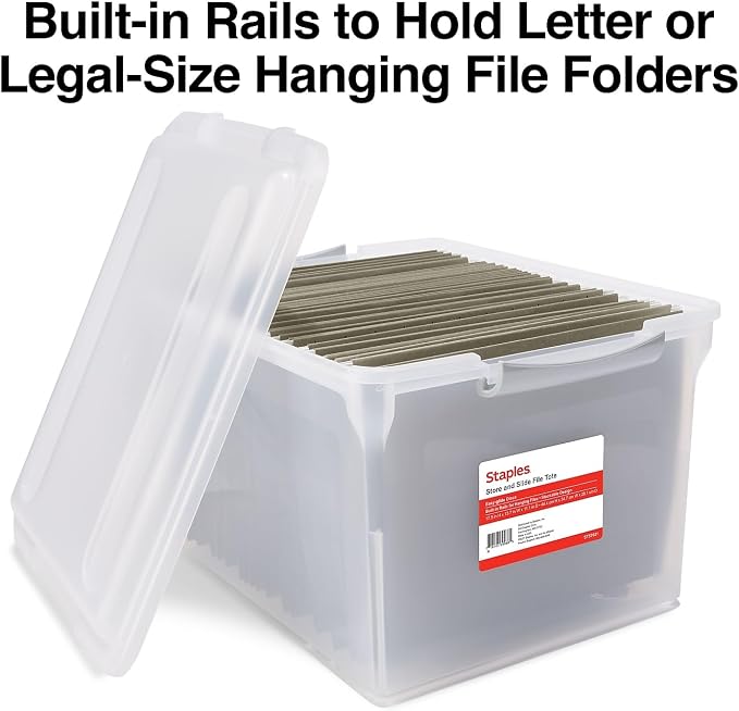 Staples Store & Slide Hanging File Box, Latch Lid, Letter/Legal Size, Clear