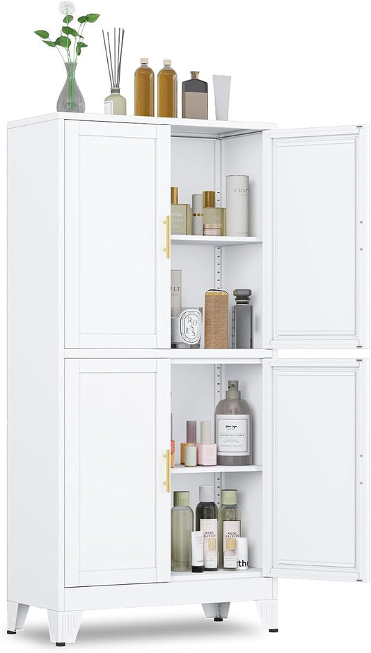 GAIOUS 47.25" Metal Pantry Cabinet, Storage Cabinets with 4 Door and 2 Adjustable Shelves, White Bathroom Cabinet, Freestanding Cupboard for Kitchen Dining Living Room Bathroom