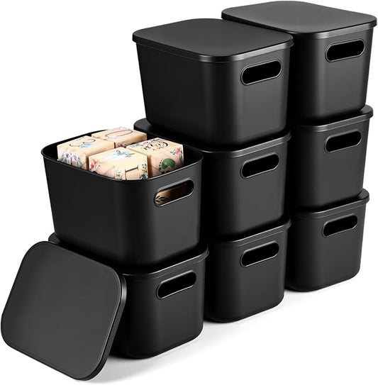 8 Pieces Colorful Storage Bins with Lid, Plastic Storage Basket Organizing Container Stackable Box with Handle for Shelves Desktop Playroom Office(9.8 x 7.1 x 6.3 Inch,Black)
