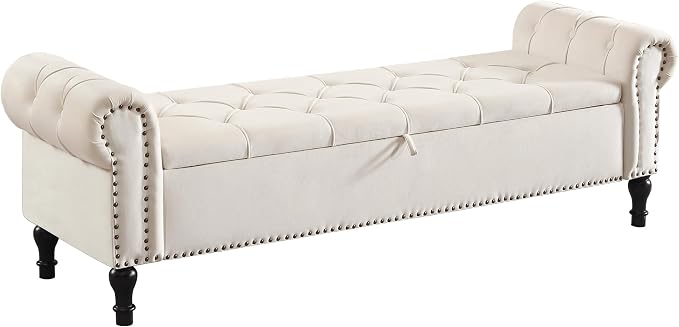 Storage Bed Bench for Bedroom, Velvet 67" End of Bed Benches, King Size Bench with Armrest, Tufted Button Upholstered Ottoman Bench for Living Room, Entryway, Cream White