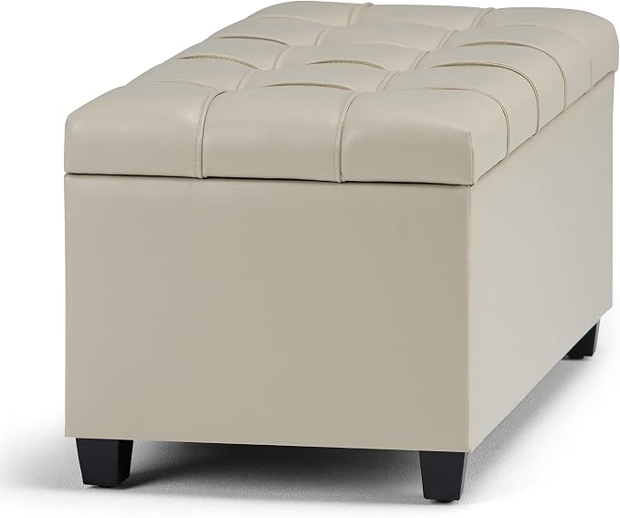 SIMPLIHOME Dover 36" Wide Vegan Leather Square Ottoman in Stone Grey | Transitional ottoman with tufting and lift-up lid; rectangle storage bench for living room or entryway.
