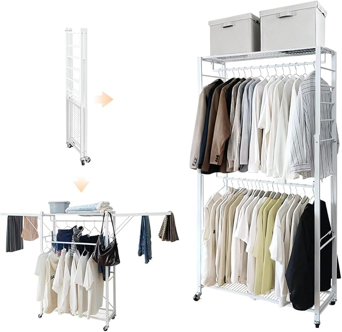 lumizone Folding Clothing Rack with Wheels Expandable White | Adjustable Garment Rack Portable Clothes Rack for Hanging Clothes Closet Shelves Durable Closet Racks for Hanging Clothes