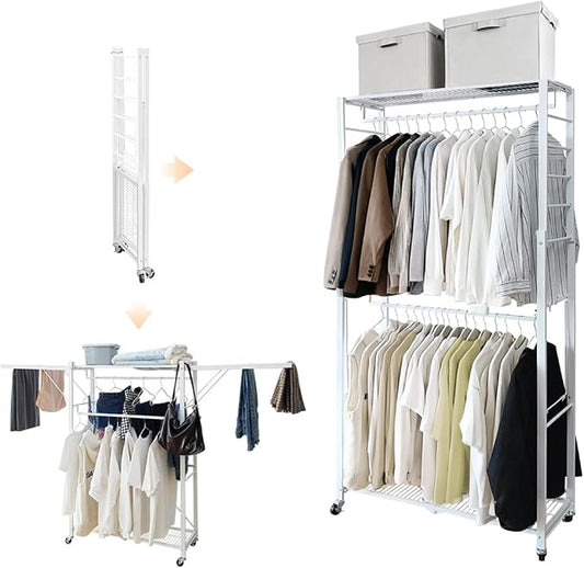 lumizone Folding Clothing Rack with Wheels Expandable White | Adjustable Garment Rack Portable Clothes Rack for Hanging Clothes Closet Shelves Durable Closet Racks for Hanging Clothes