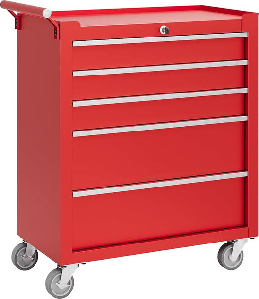 Garvee Rolling Tool Chest, 5 Drawers Tool Storage Cabinet, Toolbox with Wheels, Portable Tool Cabinet Organizer with Locking System & Drawer Liners, Tool Storage Cart for Garage, Workshop, Red