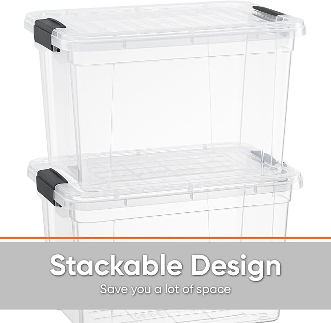 Superio Clear Storage Boxes with Lids, 26.5 Quart Plastic Container Bins for Organizing, Stackable Crates, BPA Free, Non Toxic, Odor Free, Organizers for Home, Office and Dorm, 4 Pack
