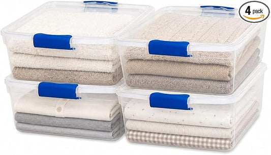 HOMZ Clear Plastic Storage Bins with Latching Lid, 15.5 Qt, Blue, 4 Pack | Stackable Container Set for Home, Office Shelves, Kitchen, Garage, and Bathroom Organization