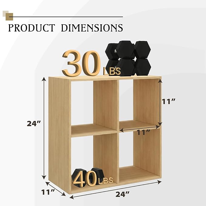 WannabeMyself【Sturdy Build&Easy Assembly】4 Cube Storage Organizer with Anti-Tipping Kits,Reversible Open Back Book Shelf, Bookcase for Living Room,Bedroom,Entrance Hall,Office,24.1×11.4×24.1,Oak Color