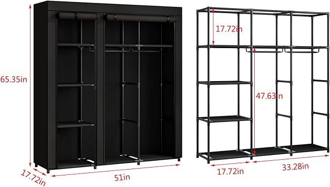 SORCEDAS Portable Closet Wardrobe with Hanging Rods Shelves Clothes Storage | 51 Inch Closet Organizers and Storage with Non-Fabric Cover,Freestanding Clothes Closet for Bedroom,dorm,Storage Rooms Black