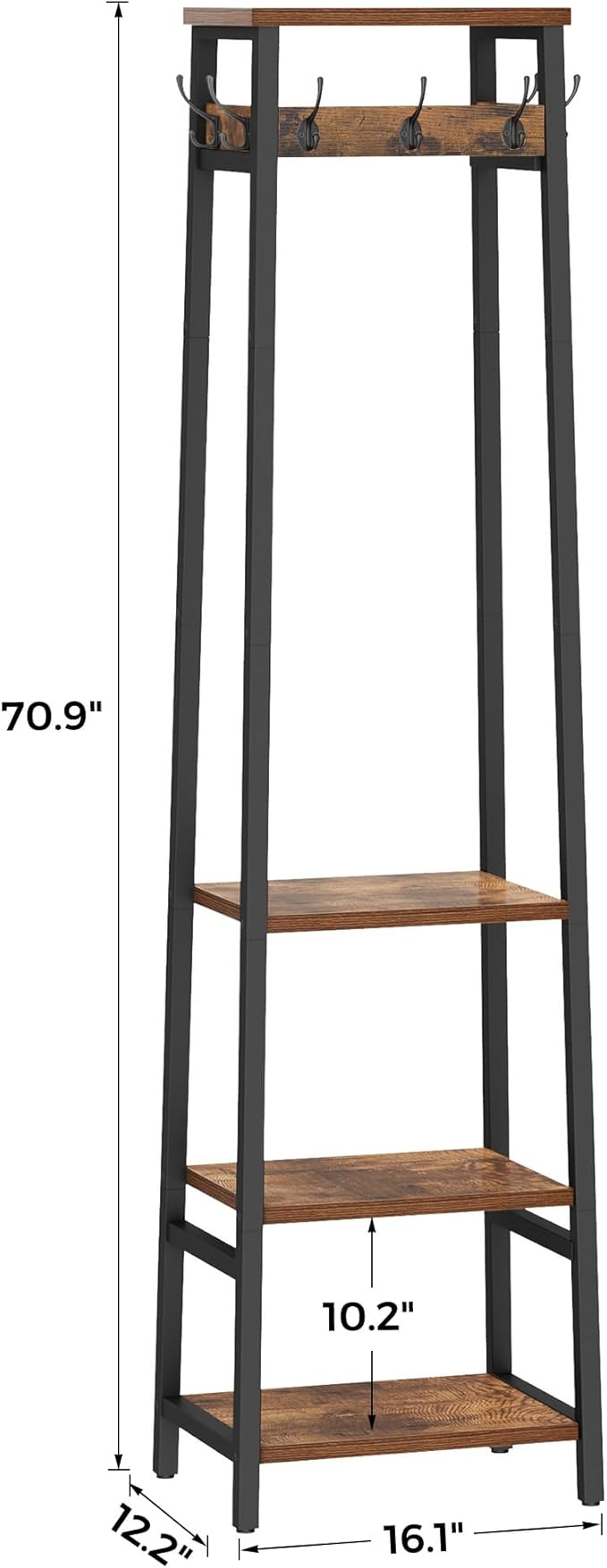Coat Rack Freestanding with 3 Shelves and 7 Hooks | Coat Stand, Hall Tree Free Standing, Clothes Rack Stand Organizer, Industrial Style, Rustic Brown and Black