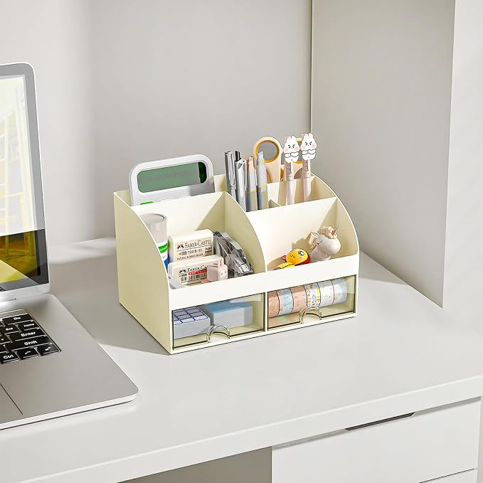 COMFYROOM Desk Organizer with 6 Compartments and 2 Drawers, Plastic Makeup Organizer, Pen Holder for Desktop Storage, Desk Organization for School, Home, Office Supplies (Ivory)