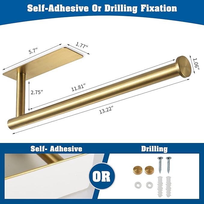 theaoo Under Cabinet Paper Towel Holder for Kitchen, Adhesive, 2 Pack Gold | Self-Adhesive or Screw Mount for Cabinets and Walls; Durable SUS304 Stainless Steel Fits Standard and Jumbo Rolls
