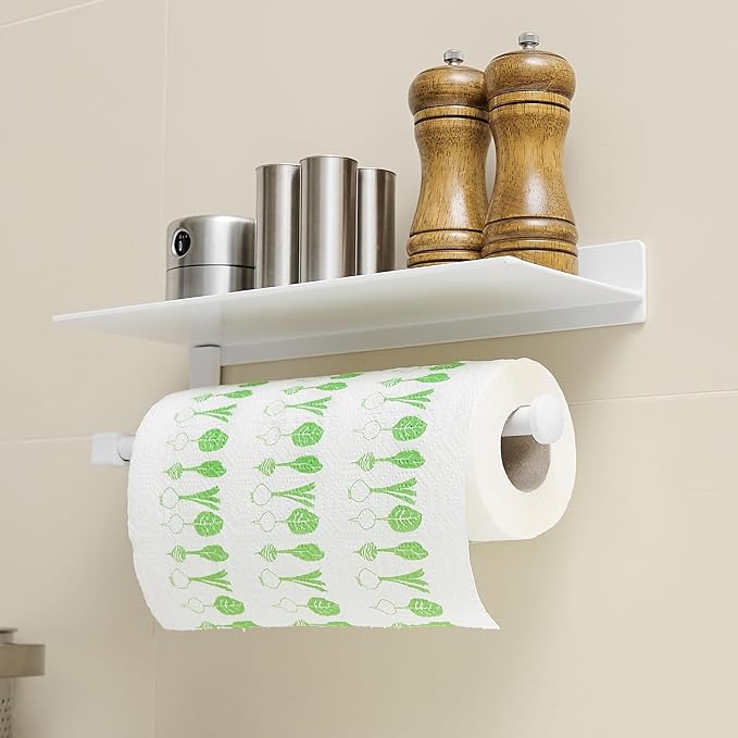 Paper Towel Holder Wall Mount for Bathroom Hand Towel Holder for Bathroom Black Paper Towel Holder with Shelf (White)