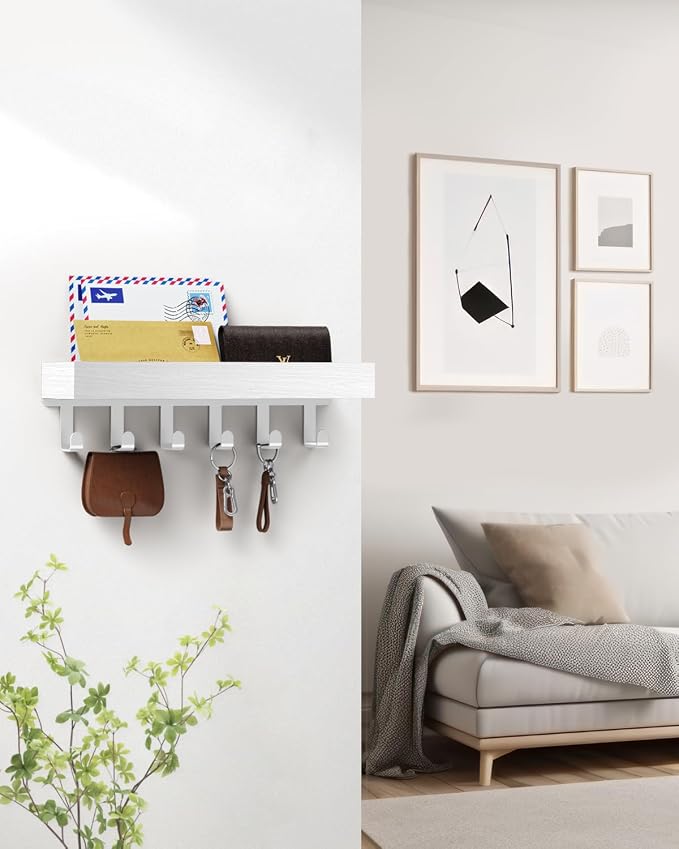 Key Holder Wall Mount Magnetic Adhesive, Key Hooks Rack with Shelf | Key Hanger with Mail Organizer for RV Camper Fridge Living Room Decor, Home Essentials, White