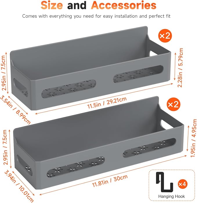 Sevenblue 4-Pack Magnetic Spice Rack for Refrigerator with Hooks, Grey | Strong multipurpose magnetic shelf for kitchen & bathroom organization. Includes 4 removable hooks for hanging items.