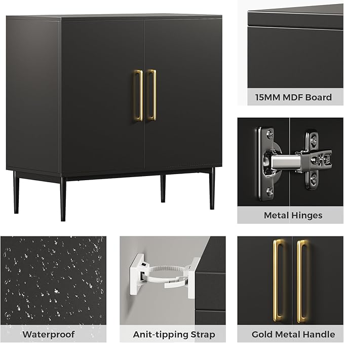 Black Storage Cabinet with Doors, Modern Accent Cabinet, Free Standing Cabinet with Adjustable Shelf, Wooden Buffet Sideboards for Living Room, Kitchen, Dining Room, Entryway