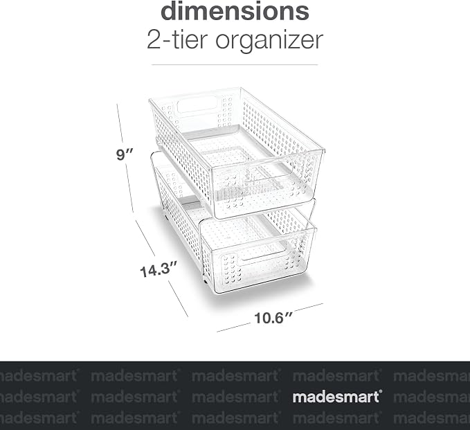 madesmart 2 Tier Organizer, Under Cabinet Storage with Pull Out Sliding Drawers, for Cleaning Supplies, Undersink Storage, Sponges, Bottles & Bath, Adjustable Dividers & Pull Out Baskets, Clear