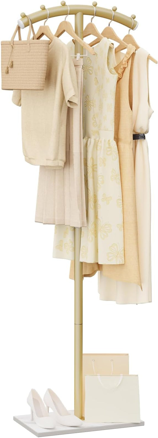 Modern Coat Racks,T-Shaped Coat Stand with Rock Base,68.9in Gold | Metal Garment Racks with Anti Slip Knot,Arcuate Clothes Display Hanger with Natural Patterned Bottom Plate for Bedroom