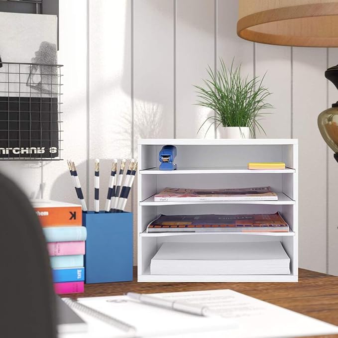 EMERIT 4-Tier Adjustable Paper Organizer, Large Capacity Desktop Organzier for Textbooks/Magazines/Office Files, Wooden Dividers, 7 lbs per Shelf, White