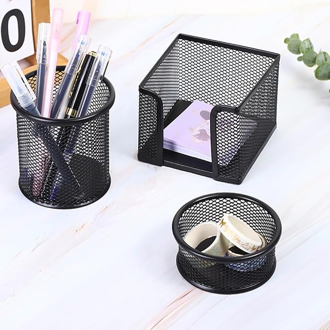3-Piece Metal Desk Organizers Set, Mesh Pencil Holder with Sticky Note Holder and Paper Clip holder, Stationery Storage for Home, Classroom & Workplace