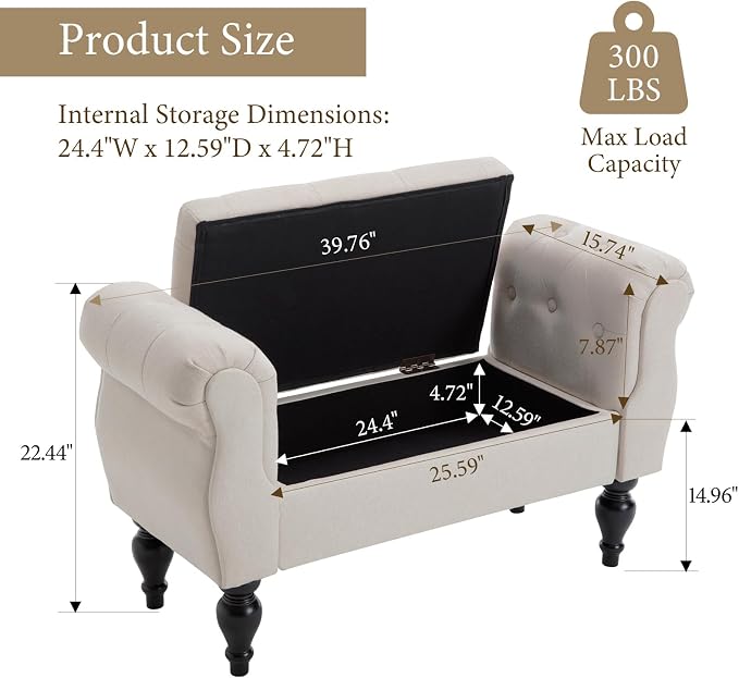 Storage Bench with Arms End of Bed Bench, Linen Entryway Bench with Storage, Button Tufted Upholstered Ottoman Bench Wood Legs, Window Sitting Bench for Bedroom/Living Room/Hallway, Beige