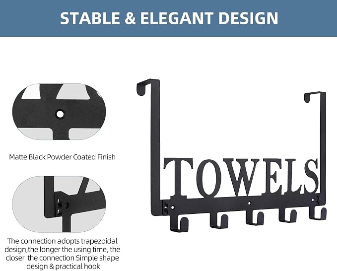 Azmoncy Over The Door Hooks, Towel Rack for Bathroom Towel Holder for Hanging Heavy Duty,Towel Hanger with 5 Hooks for Bedroom Bathroom Kitchen, Black