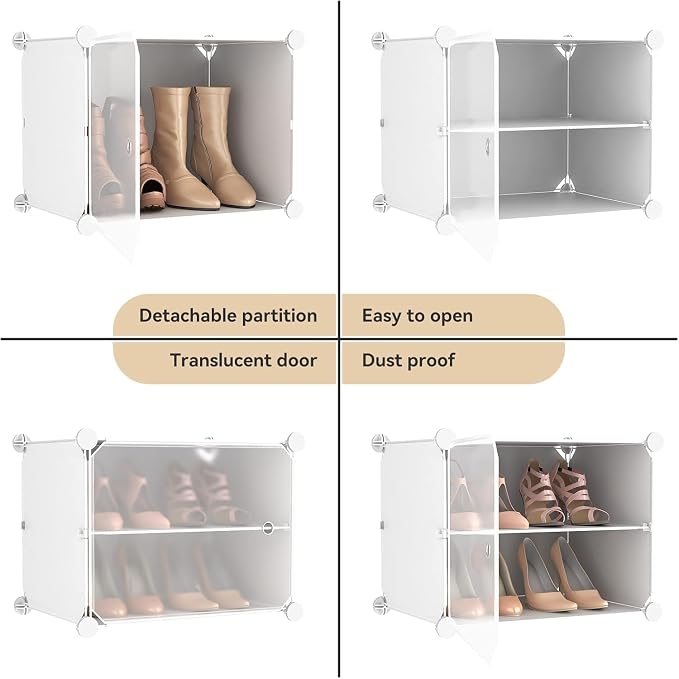 Portable Shoe Rack Organizer with Door, 64 Pairs Shoe Storage Cabinet Easy Assembly, Plastic Adjustable Shoe Storage Organizer Stackable Detachable Free Standing DIY Expandable 8 Tier White