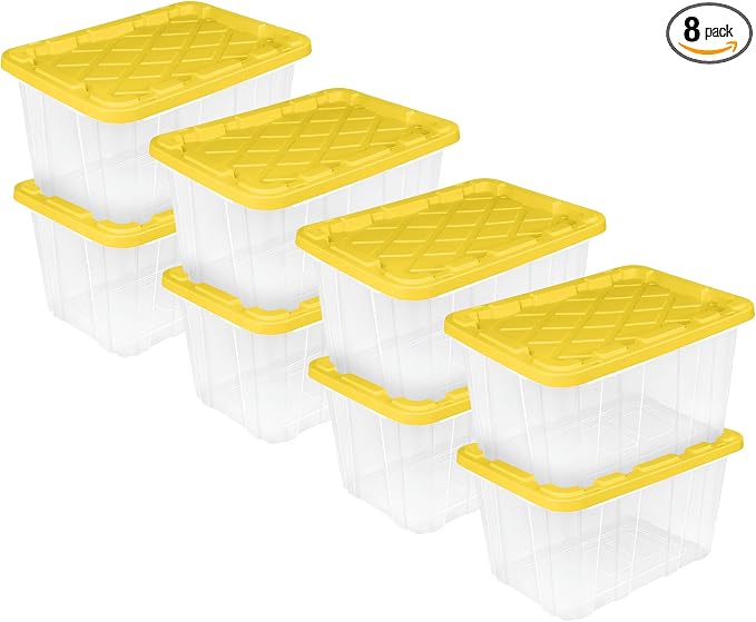 Sterilite Industrial Storage Tote with Lids for Garage, 27 Gallon, 8-Pack | Heavy-Duty and Stackable Utility Box Containers for Home, Office, and Basement Organization, Yellow