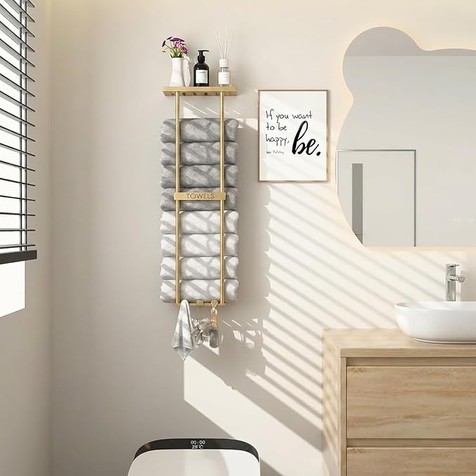 2-Tier Wall-Mounted Towel Rack with Hooks & Shelf, Black Metal Towel Holder for Small Bathrooms (Gold)