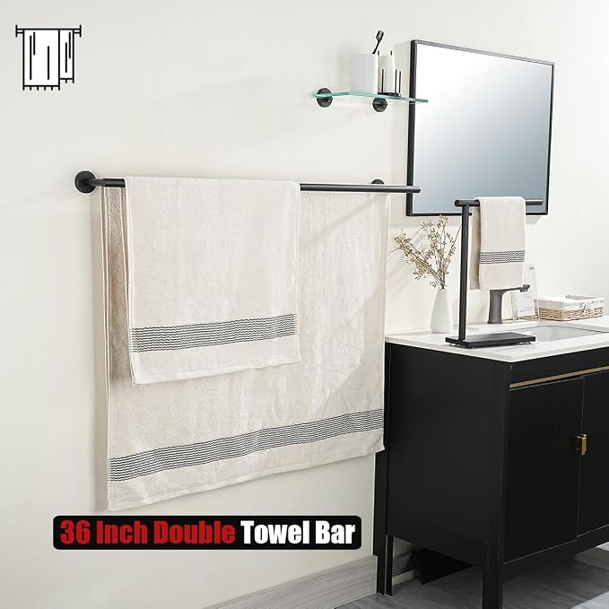 JQK Double Towel Bar Black, 39 Inch 304 Stainless Steel Thicken 1mm Towel Rack for Bathroom, Bath Towel Holder Matte Black Wall Mount, Useable Length 36 Inch, TB100L36-PB