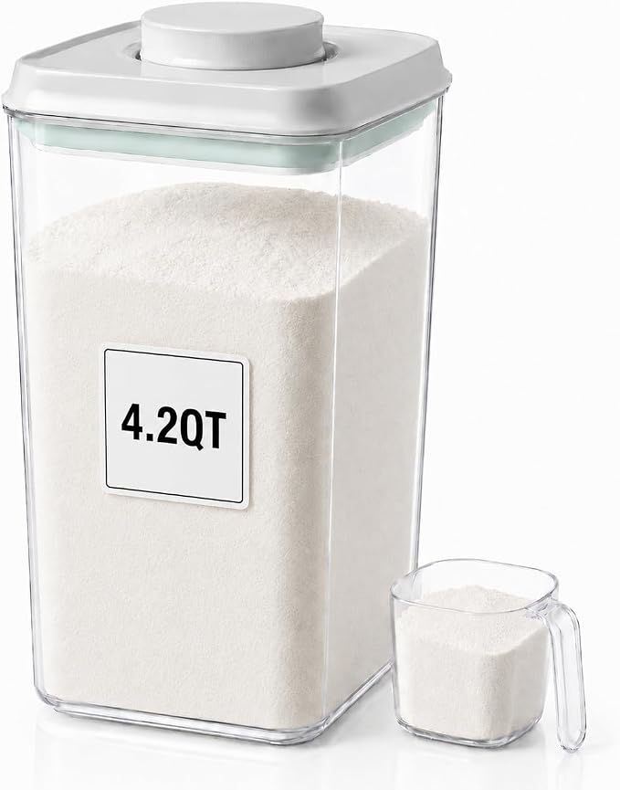 POP Airtight Flour-Rice Food-Storage Container - 4L/4.2Qt Jar with Lid and 3.3Oz Scoop | BPA-Free | Can Hold 5lb of Flour or 5lb of Rice | Stackable and Durable