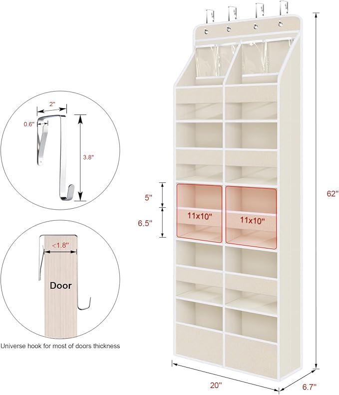 Univivi Upgraded Over Door Organizer for Baby Stuff, Beige Pattern, 6-Shelf | Fabric Behind Door Storage with Clear Window Deep Pockets, Over Door Hanging Organizer for Baby Essential, Bedroom, and Dorm