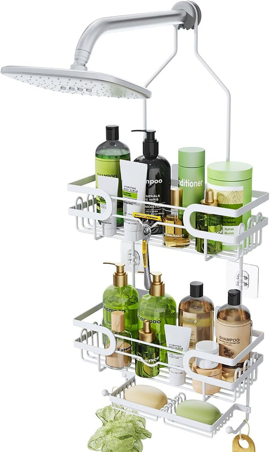 HapiRm Bathroom Hanging Shower Caddy - Rustproof Shower Shelf with 12 Hooks and 2 Soap Holders, No Drilling Bathroom Organizers and Storage - White