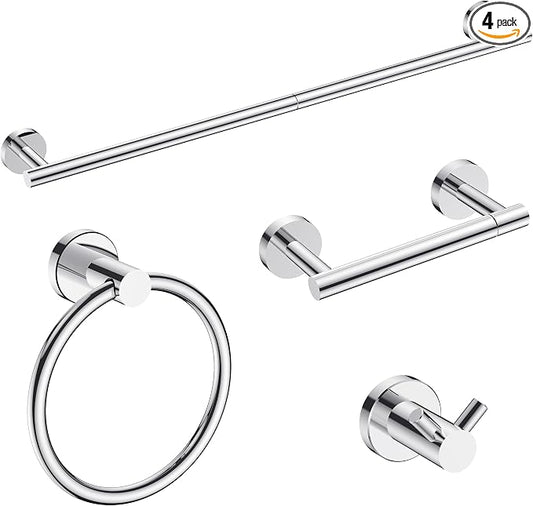 FORIOUS Bathroom Accessories, 4-Piece Bathroom Hardware Set - 24" Towel Bar | Chrome | Towel Hooks, Towel Racks for Bathroom, Toilet Paper Holder Wall Mounted & Towel Ring | SUS304 Stainless Steel