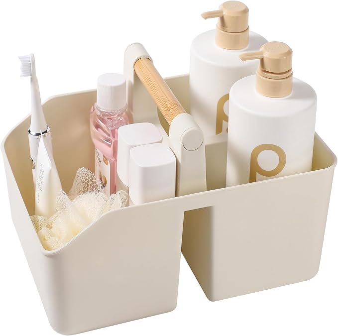 rejomiik Plastic Shower Caddy, Portable Basket with Bamboo Handle, Cream | Cleaning Caddy Organizer Tote for Bathroom, College Dorm Essentials, Bath Toy Storage, Cleaning Supplies