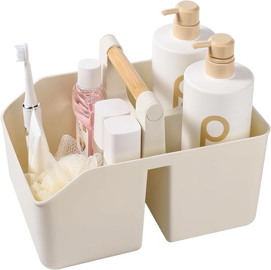 rejomiik Plastic Shower Caddy, Portable Basket with Bamboo Handle, Cream | Cleaning Caddy Organizer Tote for Bathroom, College Dorm Essentials, Bath Toy Storage, Cleaning Supplies