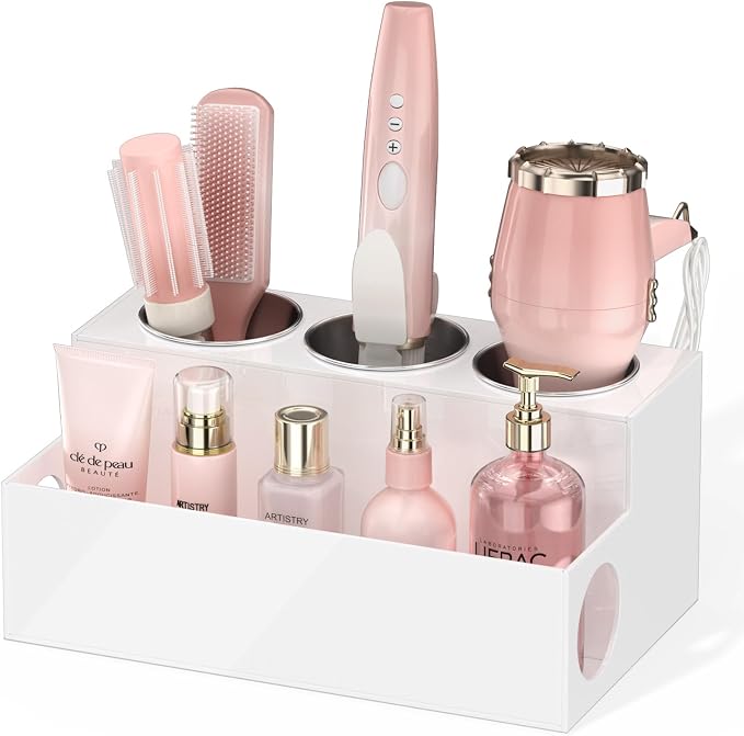 NIUBEE Acrylic Hair Tool Organizer,Hair Dryer Holder Countertop with 3 Cups | White, Hot Tools Organizer, Hair Blow Dryer Organizer for Curling Iron, Brush, Straightener, Makeup,Skincare,Vanity, Bathroom