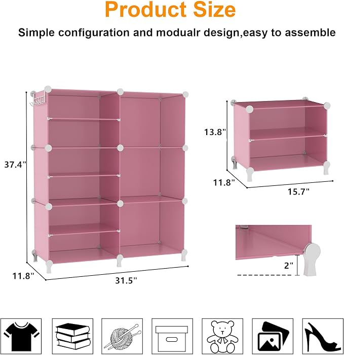 AWTATOS 6 Cube Closet Organizer Storage Shelves, Pink | Portable Closet Clothes Organizers Storage Shelf DIY Stackable Cubby Shelving for Closet Bedroom Living Room Office