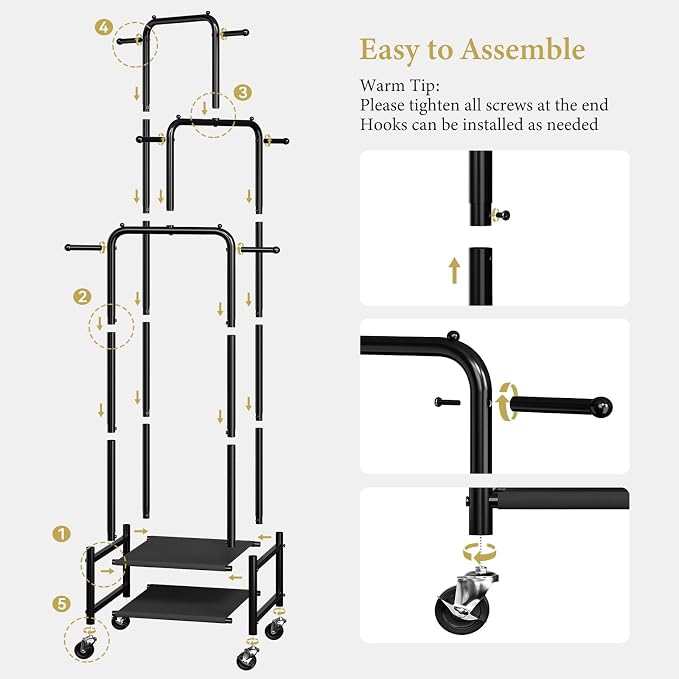 Chrislley Small Clothing Rack With Wheels & 2 Shelves, Narrow Clothes Rack | 3-Section Different Heights Metal Rolling Garment Rack, 71" Tall Portable Coat Rack with 6 Hooks for Bedroom, Entryway, Black
