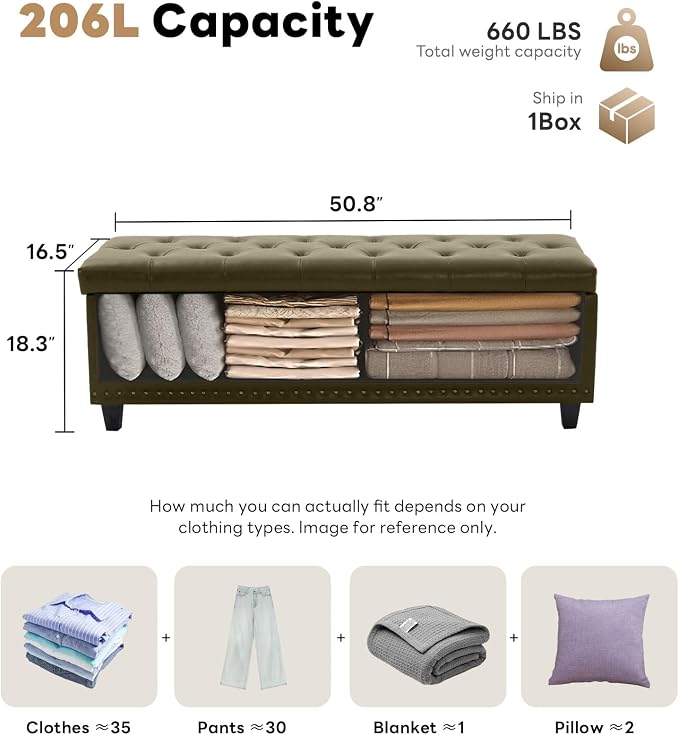 Tbfit 50.8" Large Storage Ottoman Bench with Button-Tufted Top, Blue PU Faux Leather End of Bed Chest with Safety Hinge and Rivets for Bedroom, Living Room (Green PU)