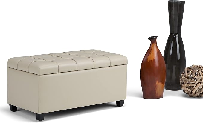 SIMPLIHOME Dover 36" Wide Vegan Leather Square Ottoman in Stone Grey | Transitional ottoman with tufting and lift-up lid; rectangle storage bench for living room or entryway.
