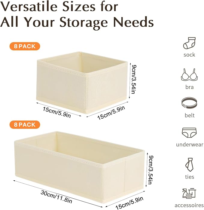 DIMJ Drawer Organizers Clothes, Set of 16 Dresser Organizer Bins, Fabric Closet Organizers and Storage, Shallow Drawer Dividers for Nursery, Clothing, Baby Clothes, Socks, Underwears, Tie (Beige)