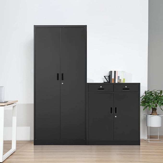 Wanfu Metal Storage Cabinet, 36" H Locking Storage Cabinet with 2 Drawers and Adjustable Shelf, Metal Cabinets for Office, Garage, Home-Black