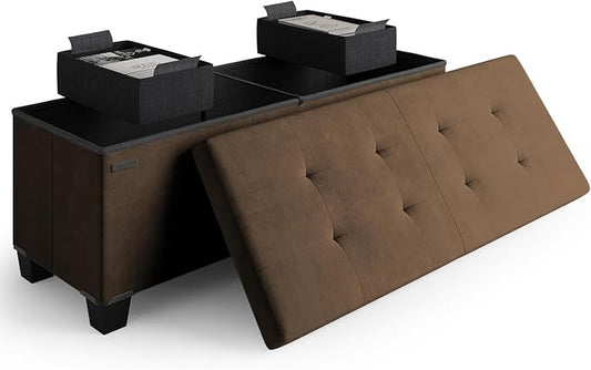 Storage Ottoman Bench with Bins, 43-in Storage Bench for Bedroom End of Bed, Folding Foot Rest Ottoman for Living Room Max 660lbs, Velvet Ottomans, Brown