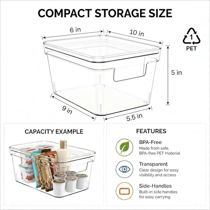 MOONEDGE 6-Pack 10x6x5 Stackable Small Clear Storage Bins with Lids | Plastic small item organizer containers with handles for vanity, craft, office, fridge, kitchen, pantry, bathroom and closet