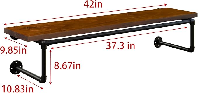 Clothes Rack 42in, Wall Mounted Garment Racks with Real Walnut Wood Shelf, Heavy Duty Hanging Clothes Rack, Multi-Purpose Hanging Rod, Space-Saving Closet Storage