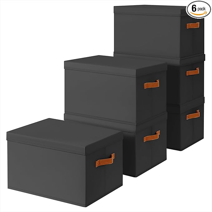 Homsorout Storage Bins with Lids - Large Fabric Closet Bins with Lid, 6 Pack Clothes Organizers and Storage, Collapsible Stackable Cube Basket for Home, Office, Dorm, Black