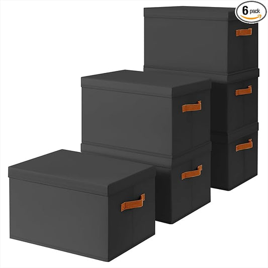 Homsorout Storage Bins with Lids - Large Fabric Closet Bins with Lid, 6 Pack Clothes Organizers and Storage, Collapsible Stackable Cube Basket for Home, Office, Dorm, Black