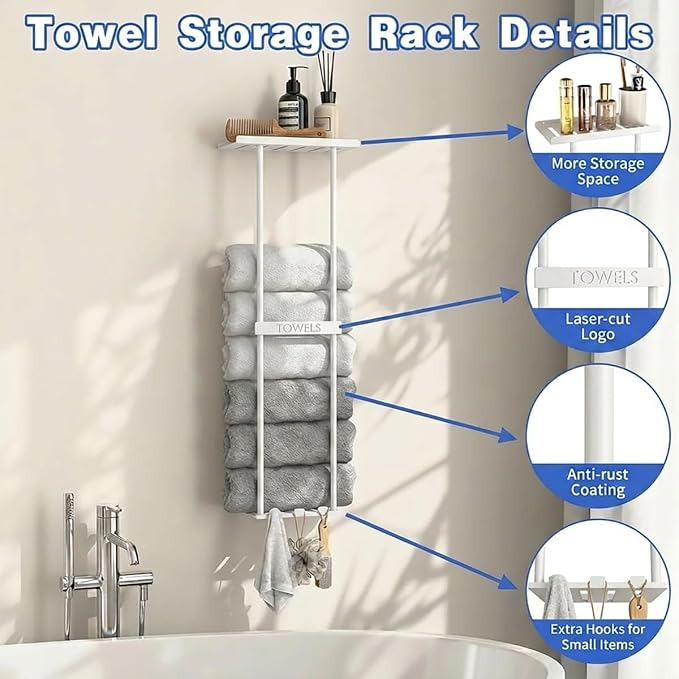 2-Tier Wall-Mounted Towel Rack with Hooks & Shelf, Black Metal Towel Holder for Small Bathrooms (White)