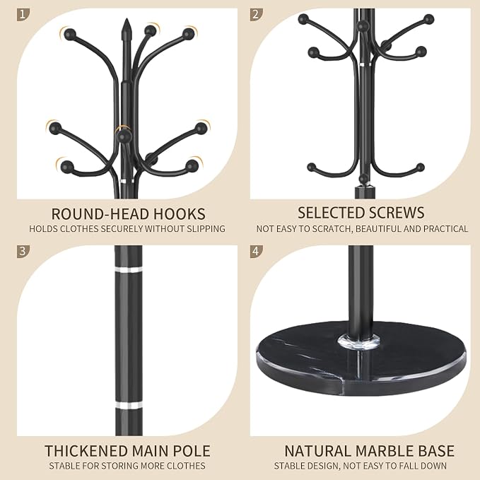 Metal Coat Rack Stand, Modern Freestanding Coat Rack with Natural Marble Base, Black Coat Racks and Coat Hall Tree Hanger Stand with 12 Hooks for Entryway, Hallway, Office